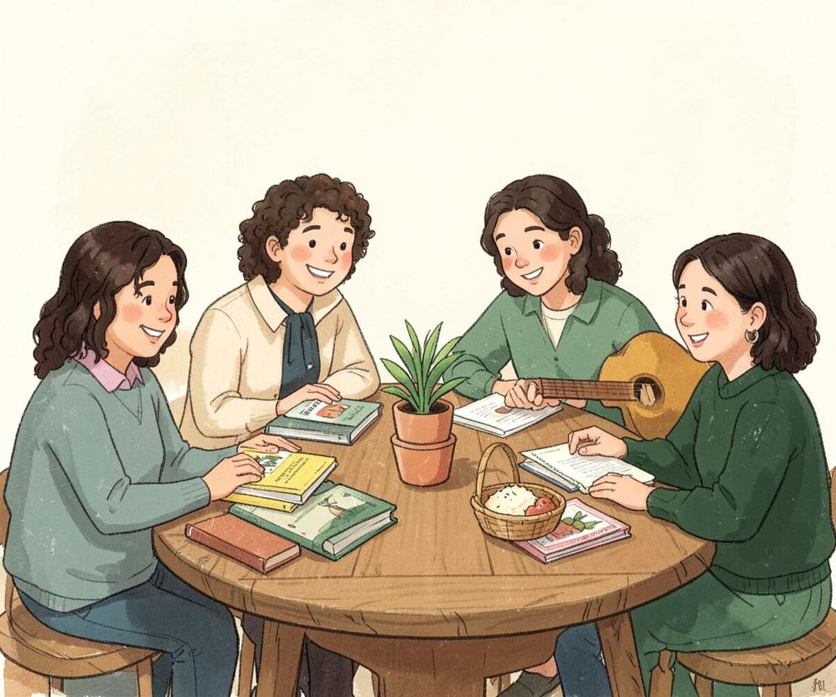 A warm illustration of students sharing books, food, and musical instruments around a table
